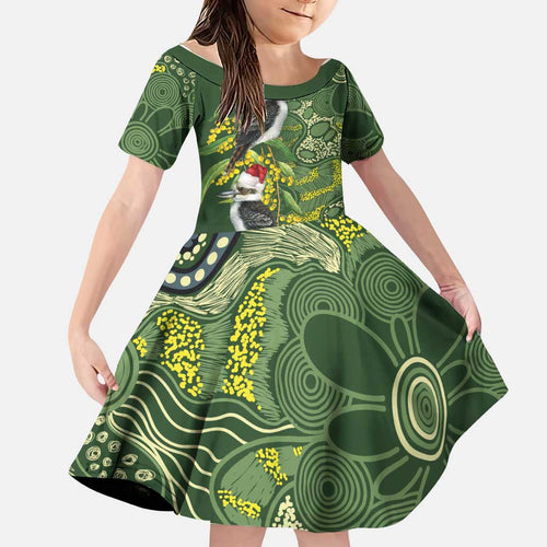 Aussie Kokaburra Golden Wattle Christmas Family Matching Off Shoulder Short Dress and Hawaiian Shirt Aboriginal Dots Painting Green Motif - Aussie Hoodie