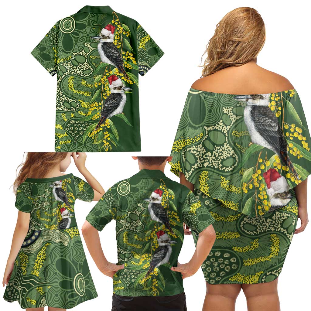 Aussie Kokaburra Golden Wattle Christmas Family Matching Off Shoulder Short Dress and Hawaiian Shirt Aboriginal Dots Painting Green Motif - Aussie Hoodie