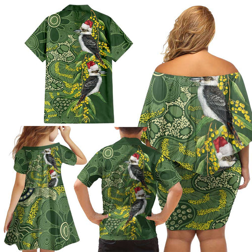 Aussie Kokaburra Golden Wattle Christmas Family Matching Off Shoulder Short Dress and Hawaiian Shirt Aboriginal Dots Painting Green Motif - Aussie Hoodie