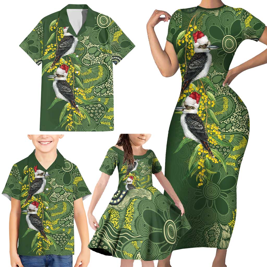 Aussie Kokaburra Golden Wattle Christmas Family Matching Short Sleeve Bodycon Dress and Hawaiian Shirt Aboriginal Dots Painting Green Motif - Aussie Hoodie