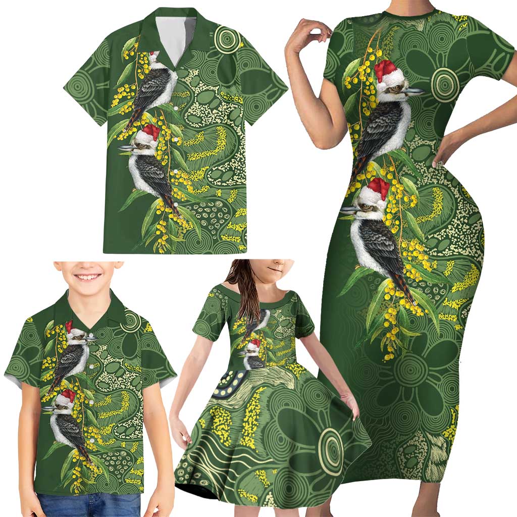 Aussie Kokaburra Golden Wattle Christmas Family Matching Short Sleeve Bodycon Dress and Hawaiian Shirt Aboriginal Dots Painting Green Motif - Aussie Hoodie