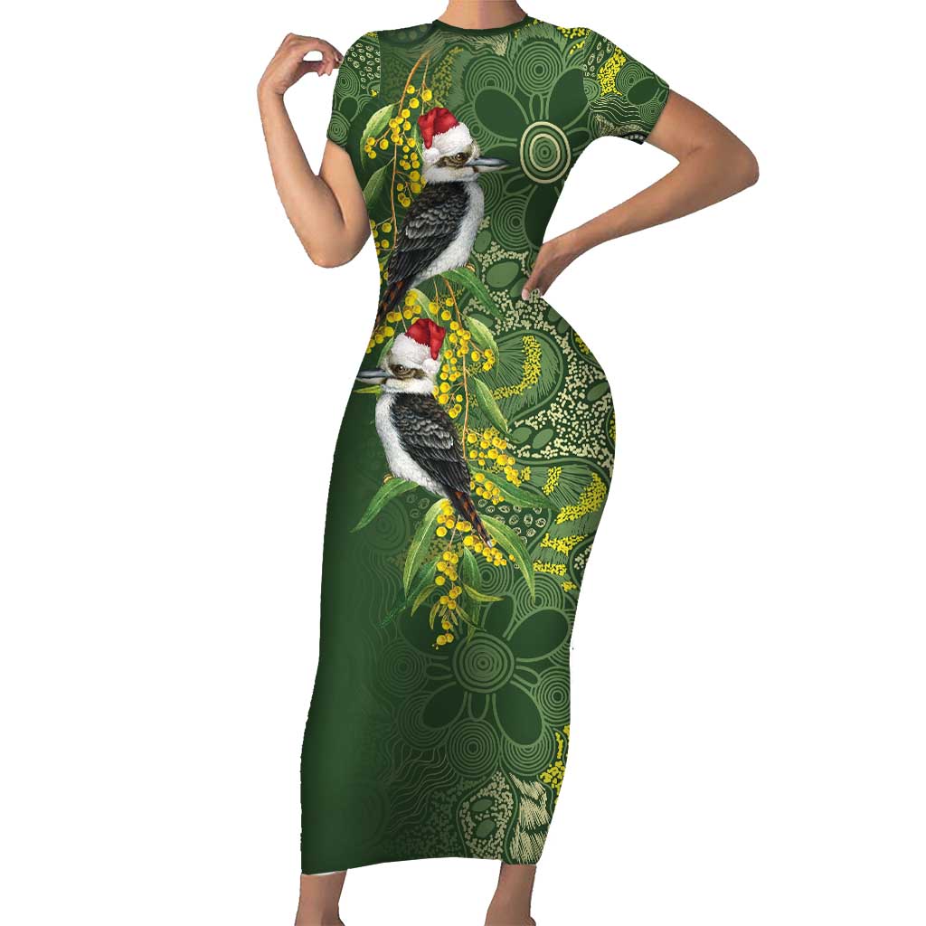Aussie Kokaburra Golden Wattle Christmas Family Matching Short Sleeve Bodycon Dress and Hawaiian Shirt Aboriginal Dots Painting Green Motif - Aussie Hoodie