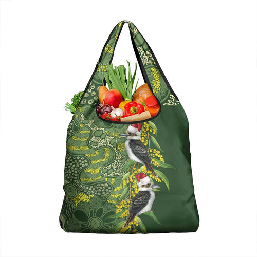 Aussie Kokaburra Golden Wattle Christmas Grocery Bag Aboriginal Dots Painting Green Motif - Aussie Hoodie