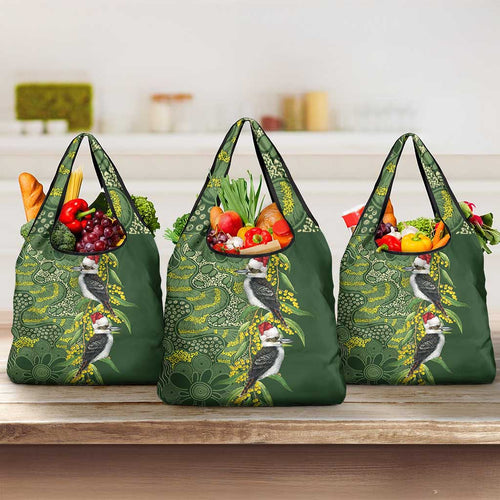 Aussie Kokaburra Golden Wattle Christmas Grocery Bag Aboriginal Dots Painting Green Motif - Aussie Hoodie