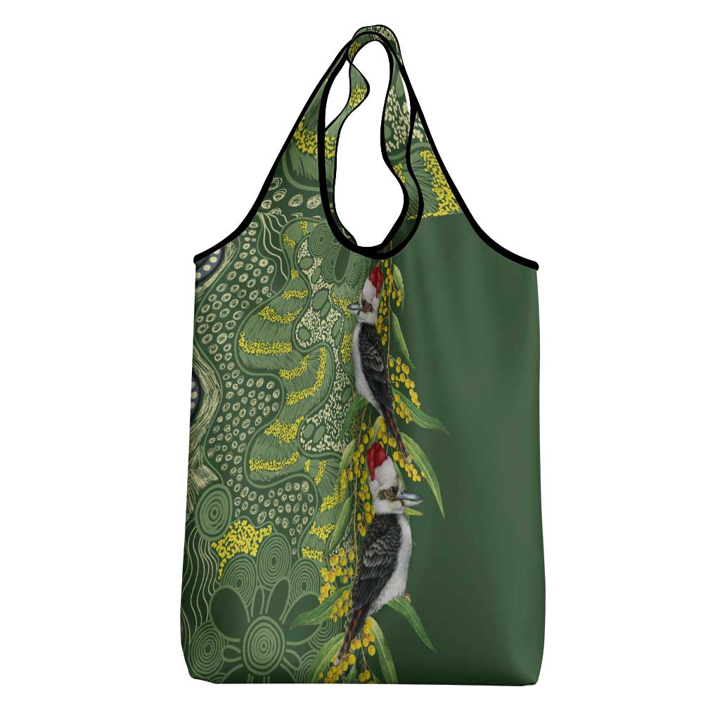 Aussie Kokaburra Golden Wattle Christmas Grocery Bag Aboriginal Dots Painting Green Motif - Aussie Hoodie