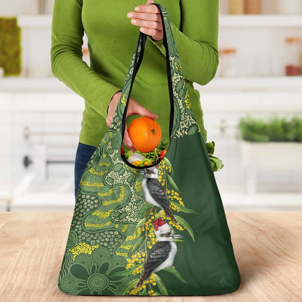 Aussie Kokaburra Golden Wattle Christmas Grocery Bag Aboriginal Dots Painting Green Motif - Aussie Hoodie