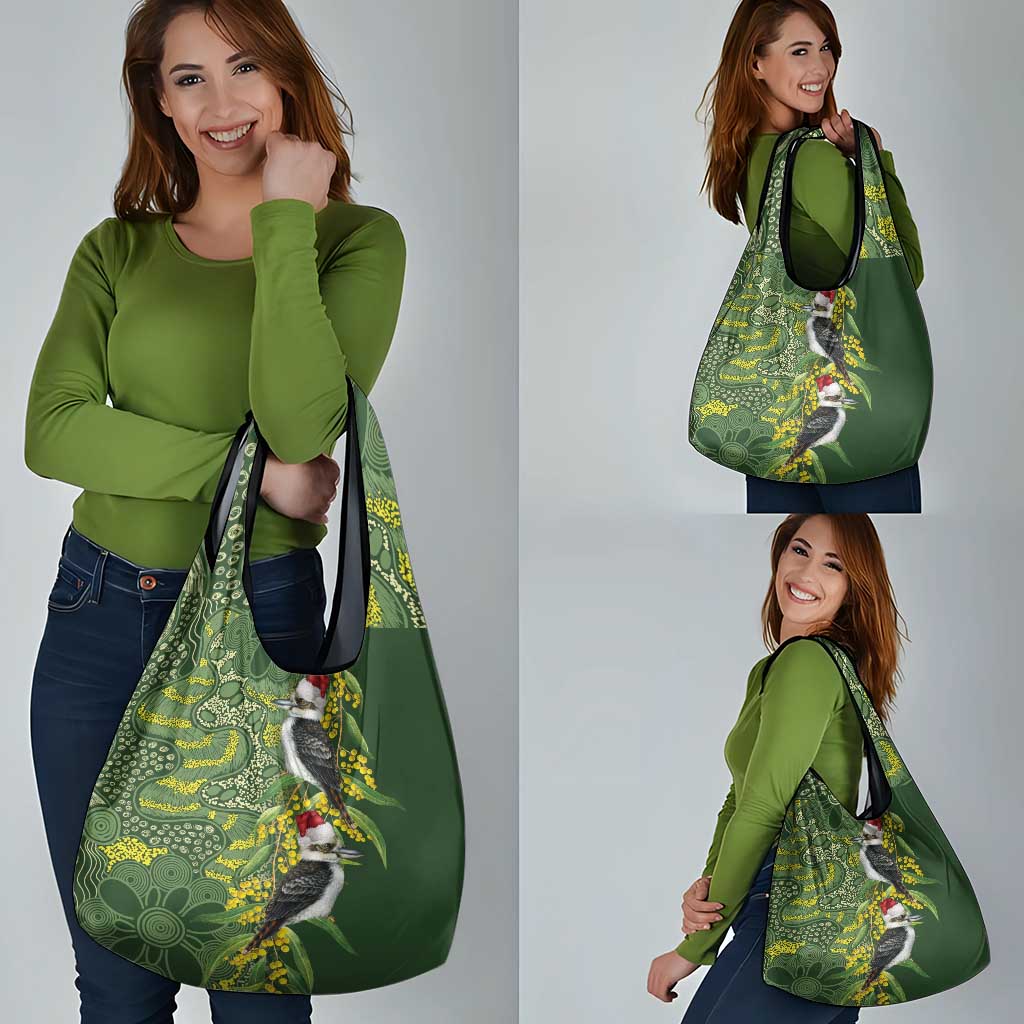 Aussie Kokaburra Golden Wattle Christmas Grocery Bag Aboriginal Dots Painting Green Motif - Aussie Hoodie
