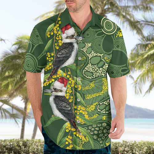 Aussie Kokaburra Golden Wattle Christmas Hawaiian Shirt Aboriginal Dots Painting Green Motif - Aussie Hoodie