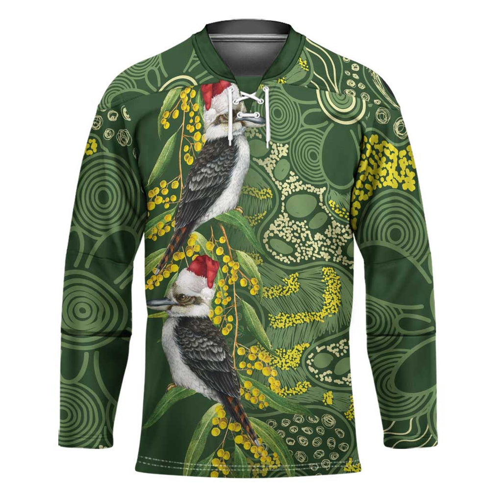 Aussie Kokaburra Golden Wattle Christmas Hockey Jersey Aboriginal Dots Painting Green Motif - Aussie Hoodie