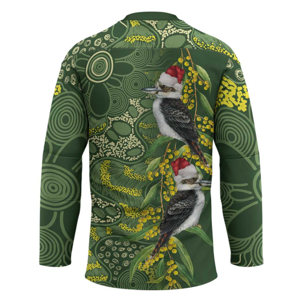 Aussie Kokaburra Golden Wattle Christmas Hockey Jersey Aboriginal Dots Painting Green Motif - Aussie Hoodie