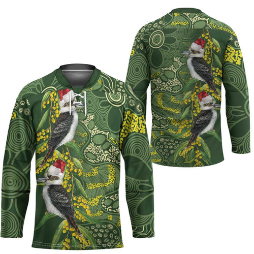 Aussie Kokaburra Golden Wattle Christmas Hockey Jersey Aboriginal Dots Painting Green Motif - Aussie Hoodie