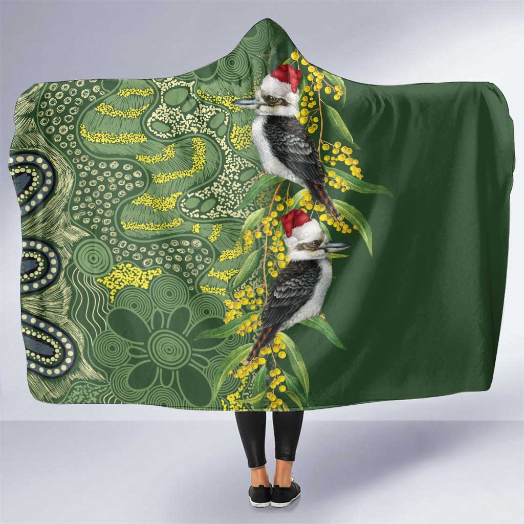 Aussie Kokaburra Golden Wattle Christmas Hooded Blanket Aboriginal Dots Painting Green Motif - Aussie Hoodie