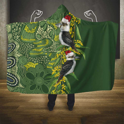 Aussie Kokaburra Golden Wattle Christmas Hooded Blanket Aboriginal Dots Painting Green Motif - Aussie Hoodie