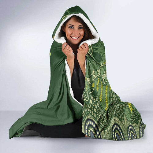 Aussie Kokaburra Golden Wattle Christmas Hooded Blanket Aboriginal Dots Painting Green Motif - Aussie Hoodie