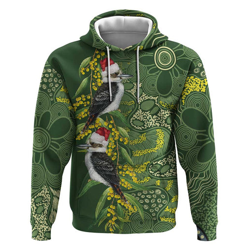 Aussie Kokaburra Golden Wattle Christmas Hoodie Aboriginal Dots Painting Green Motif - Aussie Hoodie