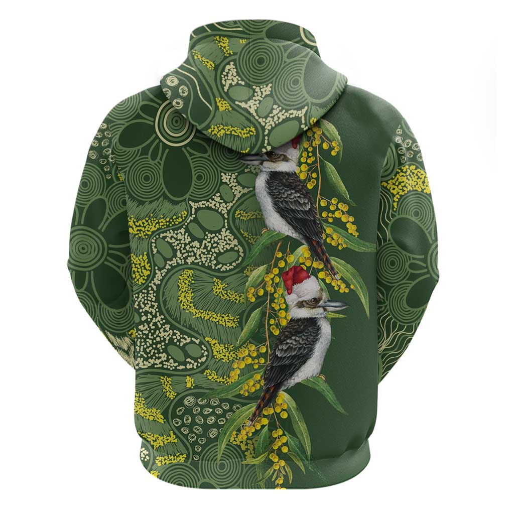 Aussie Kokaburra Golden Wattle Christmas Hoodie Aboriginal Dots Painting Green Motif - Aussie Hoodie