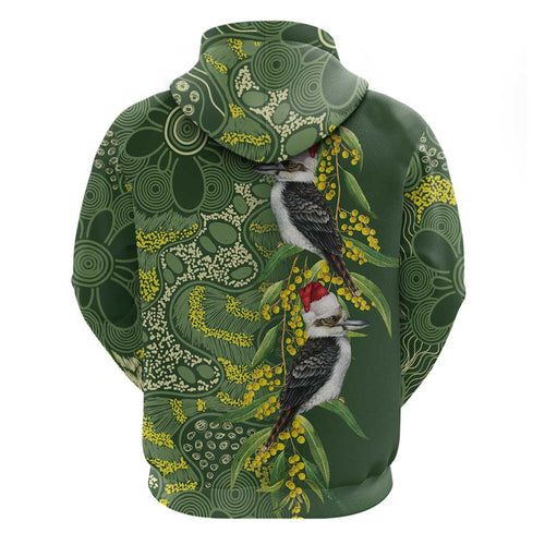 Aussie Kokaburra Golden Wattle Christmas Hoodie Aboriginal Dots Painting Green Motif - Aussie Hoodie