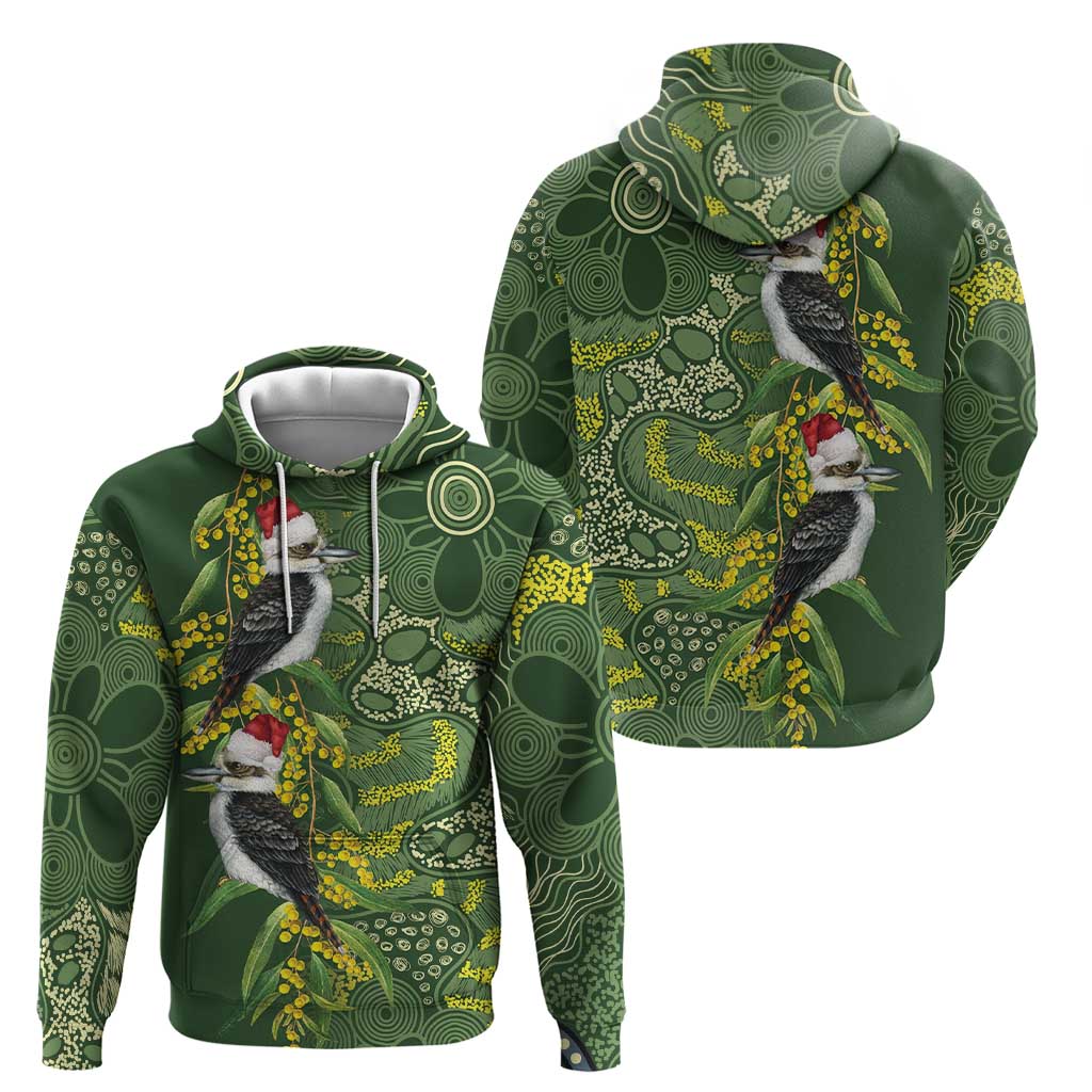 Aussie Kokaburra Golden Wattle Christmas Hoodie Aboriginal Dots Painting Green Motif - Aussie Hoodie