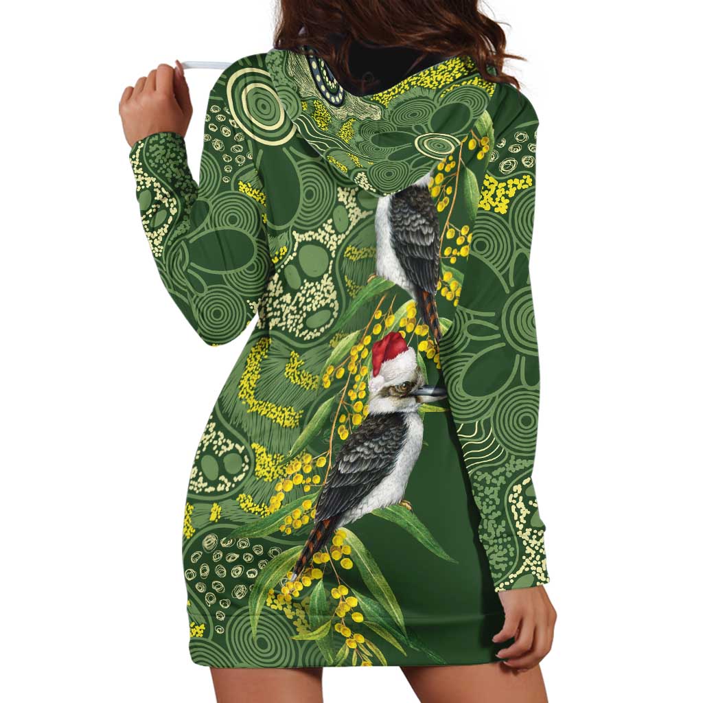 Aussie Kokaburra Golden Wattle Christmas Hoodie Dress Aboriginal Dots Painting Green Motif - Aussie Hoodie