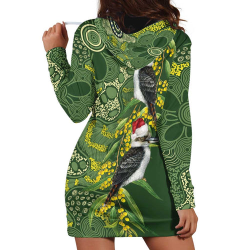 Aussie Kokaburra Golden Wattle Christmas Hoodie Dress Aboriginal Dots Painting Green Motif - Aussie Hoodie