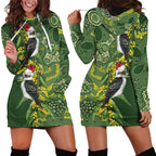 Aussie Kokaburra Golden Wattle Christmas Hoodie Dress Aboriginal Dots Painting Green Motif - Aussie Hoodie