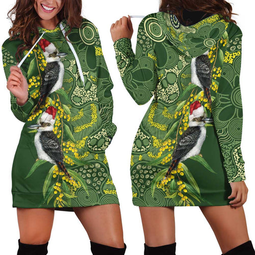 Aussie Kokaburra Golden Wattle Christmas Hoodie Dress Aboriginal Dots Painting Green Motif - Aussie Hoodie
