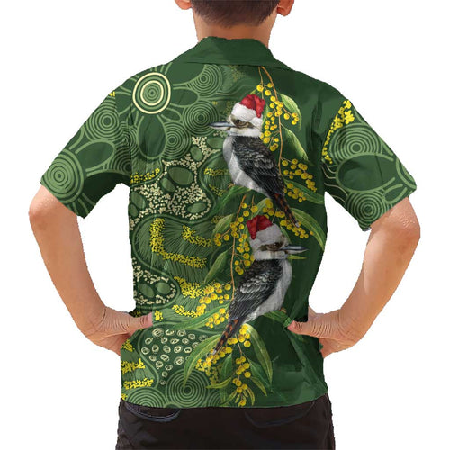 Aussie Kokaburra Golden Wattle Christmas Kid Hawaiian Shirt Aboriginal Dots Painting Green Motif - Aussie Hoodie
