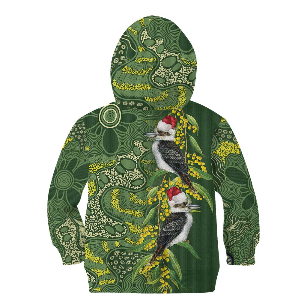 Aussie Kokaburra Golden Wattle Christmas Kid Hoodie Aboriginal Dots Painting Green Motif - Aussie Hoodie