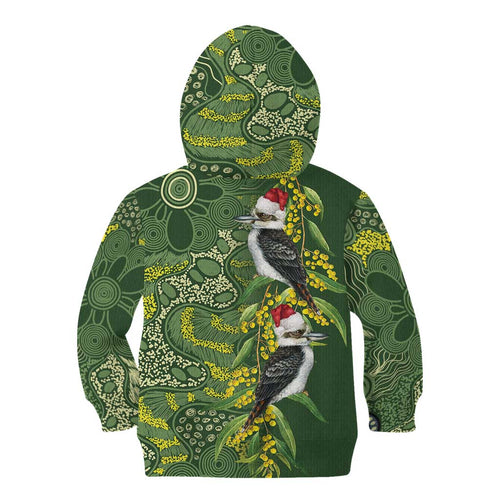 Aussie Kokaburra Golden Wattle Christmas Kid Hoodie Aboriginal Dots Painting Green Motif - Aussie Hoodie