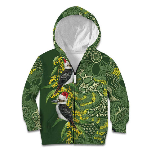 Aussie Kokaburra Golden Wattle Christmas Kid Hoodie Aboriginal Dots Painting Green Motif - Aussie Hoodie
