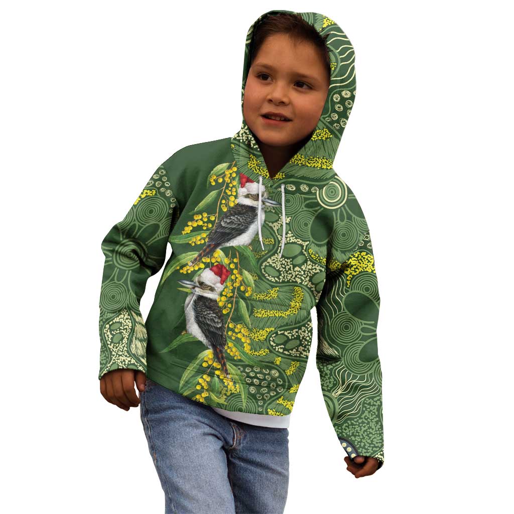 Aussie Kokaburra Golden Wattle Christmas Kid Hoodie Aboriginal Dots Painting Green Motif - Aussie Hoodie
