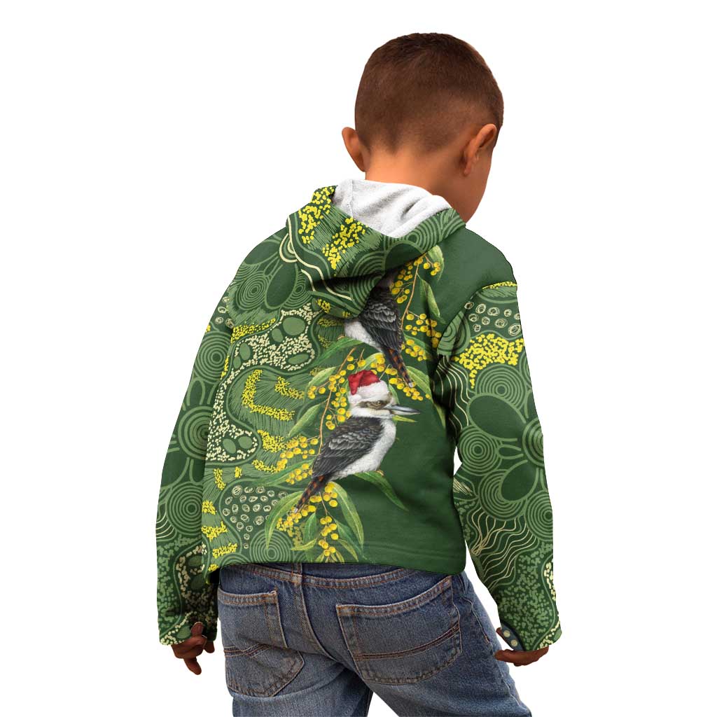 Aussie Kokaburra Golden Wattle Christmas Kid Hoodie Aboriginal Dots Painting Green Motif - Aussie Hoodie