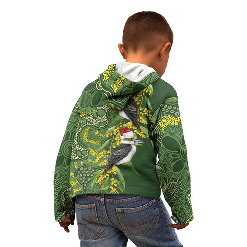 Aussie Kokaburra Golden Wattle Christmas Kid Hoodie Aboriginal Dots Painting Green Motif - Aussie Hoodie