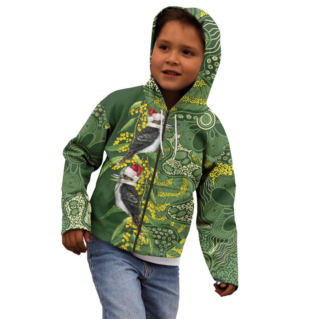 Aussie Kokaburra Golden Wattle Christmas Kid Hoodie Aboriginal Dots Painting Green Motif - Aussie Hoodie