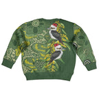 Aussie Kokaburra Golden Wattle Christmas Kid Ugly Christmas Sweater Aboriginal Dots Painting Green Motif - Aussie Hoodie