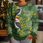 Aussie Kokaburra Golden Wattle Christmas Kid Ugly Christmas Sweater Aboriginal Dots Painting Green Motif - Aussie Hoodie