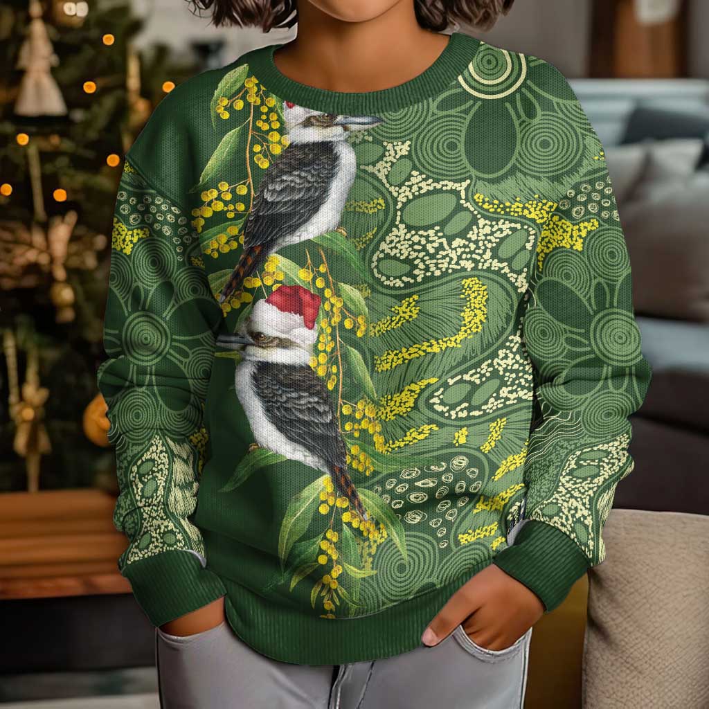 Aussie Kokaburra Golden Wattle Christmas Kid Ugly Christmas Sweater Aboriginal Dots Painting Green Motif - Aussie Hoodie