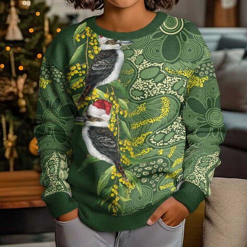 Aussie Kokaburra Golden Wattle Christmas Kid Ugly Christmas Sweater Aboriginal Dots Painting Green Motif - Aussie Hoodie