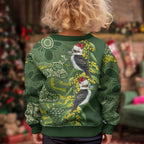Aussie Kokaburra Golden Wattle Christmas Kid Ugly Christmas Sweater Aboriginal Dots Painting Green Motif - Aussie Hoodie