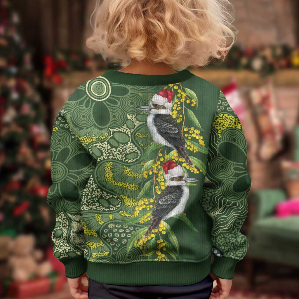 Aussie Kokaburra Golden Wattle Christmas Kid Ugly Christmas Sweater Aboriginal Dots Painting Green Motif - Aussie Hoodie