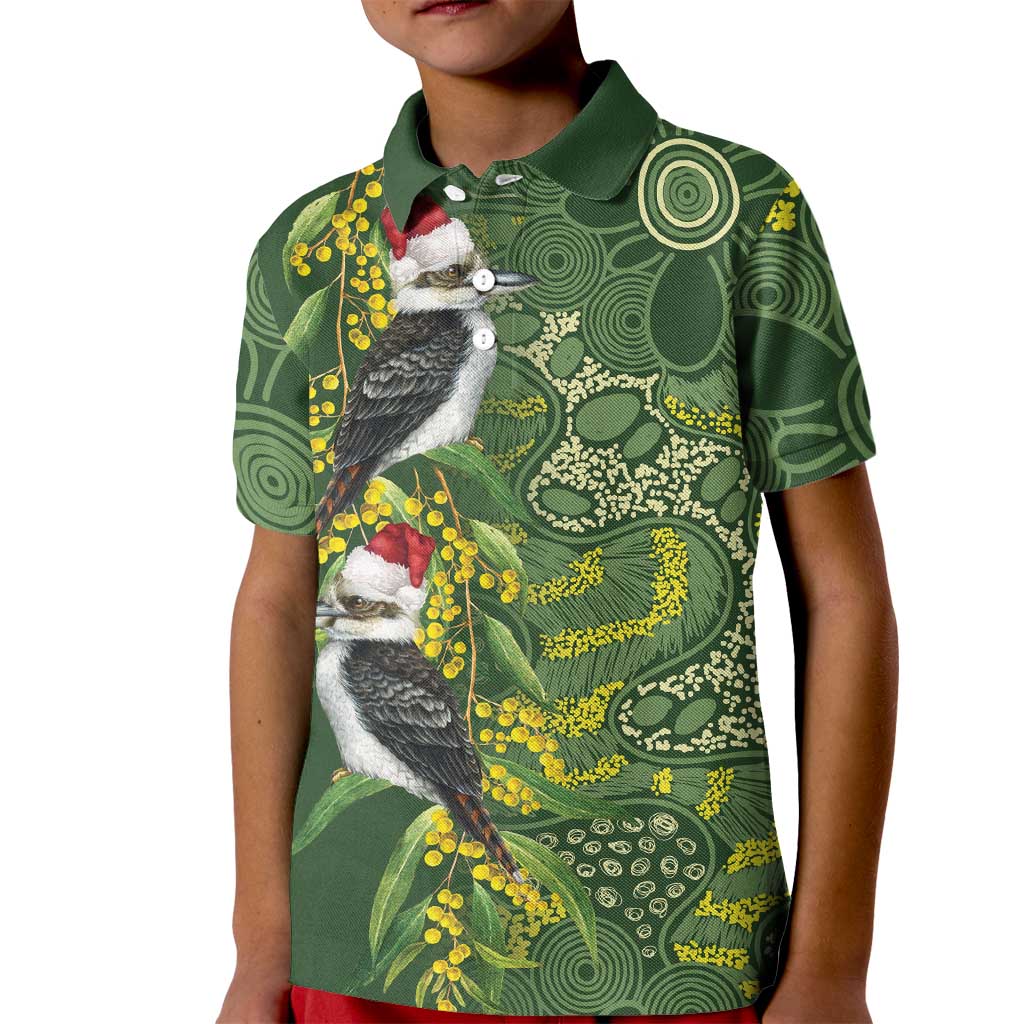 Aussie Kokaburra Golden Wattle Christmas Kid Polo Shirt Aboriginal Dots Painting Green Motif - Aussie Hoodie