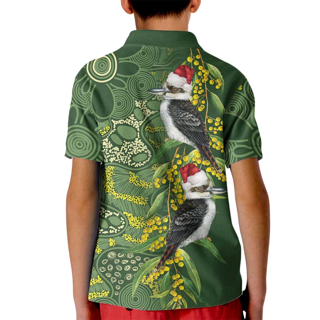 Aussie Kokaburra Golden Wattle Christmas Kid Polo Shirt Aboriginal Dots Painting Green Motif - Aussie Hoodie