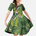 Aussie Kokaburra Golden Wattle Christmas Kid Short Sleeve Dress Aboriginal Dots Painting Green Motif - Aussie Hoodie