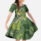 Aussie Kokaburra Golden Wattle Christmas Kid Short Sleeve Dress Aboriginal Dots Painting Green Motif - Aussie Hoodie