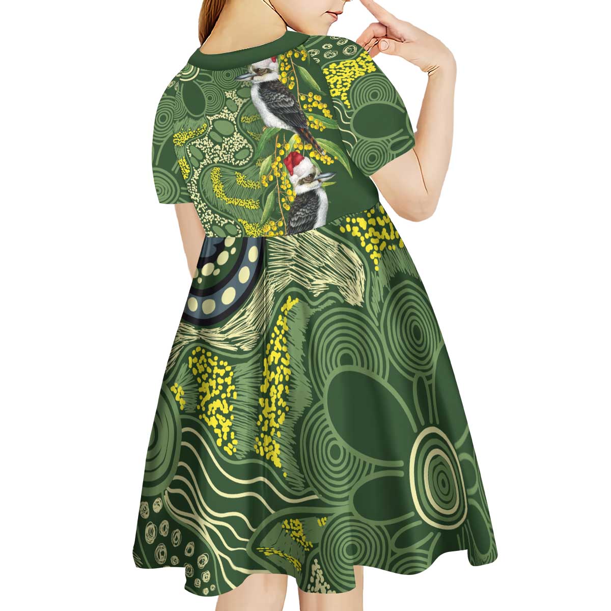 Aussie Kokaburra Golden Wattle Christmas Kid Short Sleeve Dress Aboriginal Dots Painting Green Motif - Aussie Hoodie