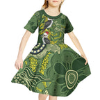 Aussie Kokaburra Golden Wattle Christmas Kid Short Sleeve Dress Aboriginal Dots Painting Green Motif - Aussie Hoodie