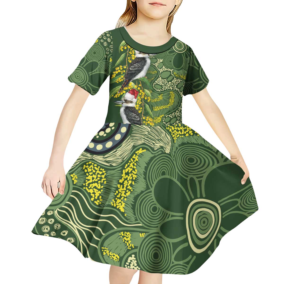 Aussie Kokaburra Golden Wattle Christmas Kid Short Sleeve Dress Aboriginal Dots Painting Green Motif - Aussie Hoodie