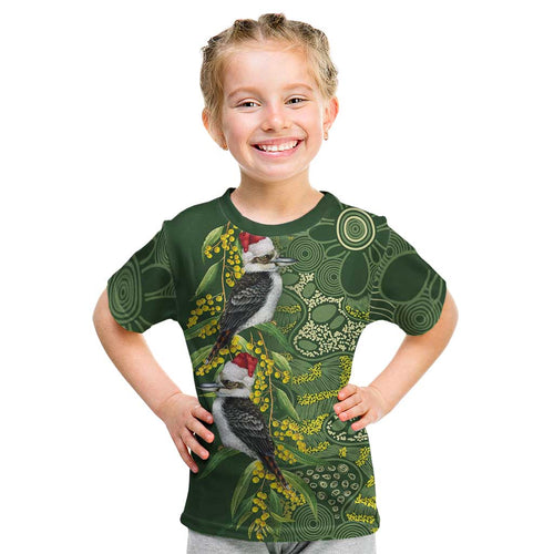 Aussie Kokaburra Golden Wattle Christmas Kid T Shirt Aboriginal Dots Painting Green Motif - Aussie Hoodie