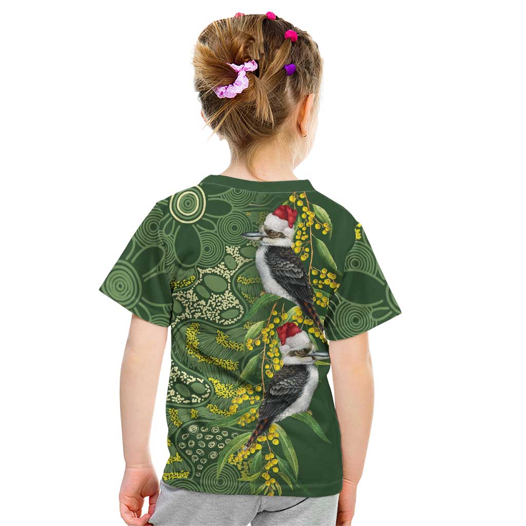 Aussie Kokaburra Golden Wattle Christmas Kid T Shirt Aboriginal Dots Painting Green Motif - Aussie Hoodie
