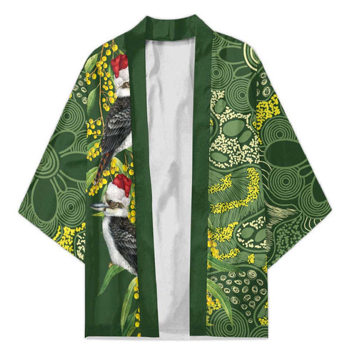 Aussie Kokaburra Golden Wattle Christmas Kimono Aboriginal Dots Painting Green Motif - Aussie Hoodie